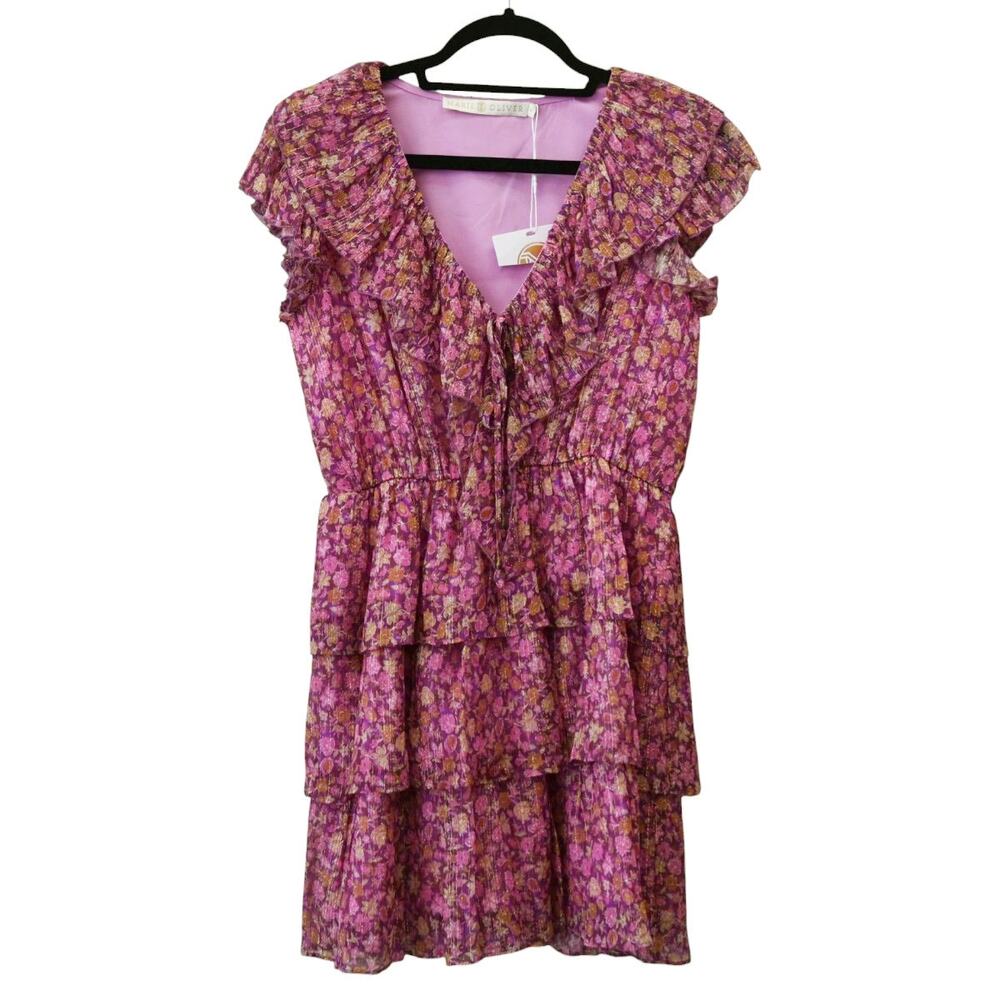 Marie Oliver Gemma Dahlie Fleur Metallic Floral Ruffled Mini Dress Size XS